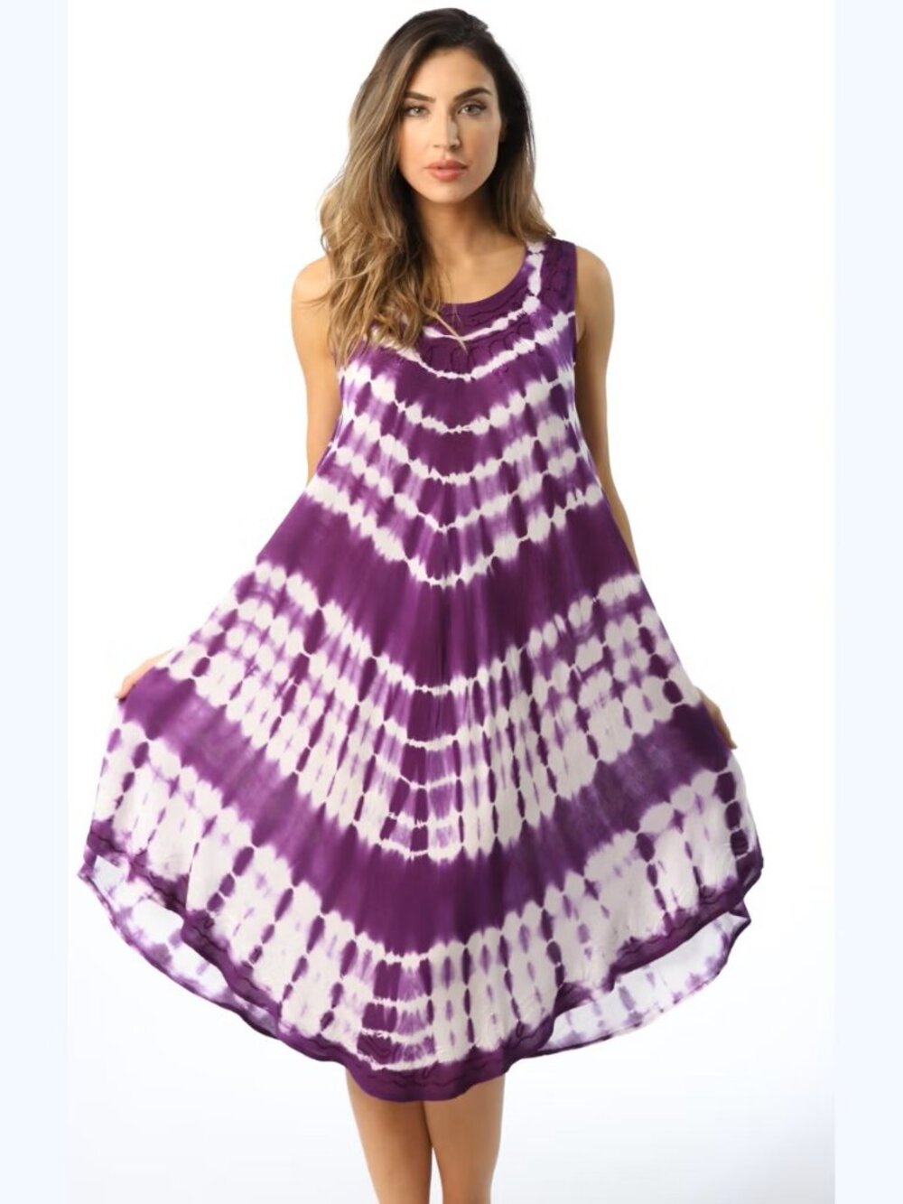 Riviera Sun Purple/White Tie-Dye Sleeveless Summer Dress - 100% Rayon (Size 1X)